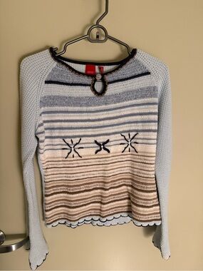 Esprit Light Blue Crochet Cardigan with Navy & Tan Trim